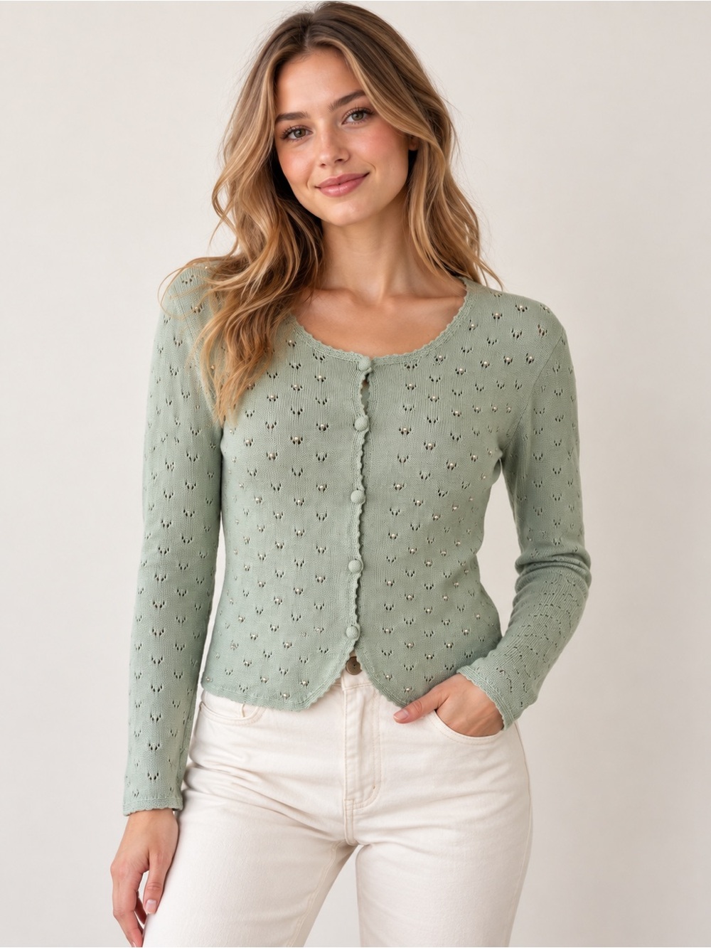 Crocodile Sage Green Eyelet Knit Button-Front Faux Pearl Sweater Size 36